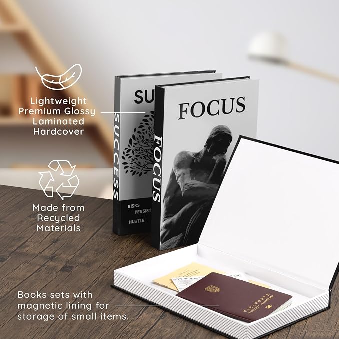 Motivational Decorative Books Set of 3 - Faux Books for Home Office Decor | Black white fake books for decoration with magnetic hidden storage box for office desk, coffee table, bookshelf, tv stand