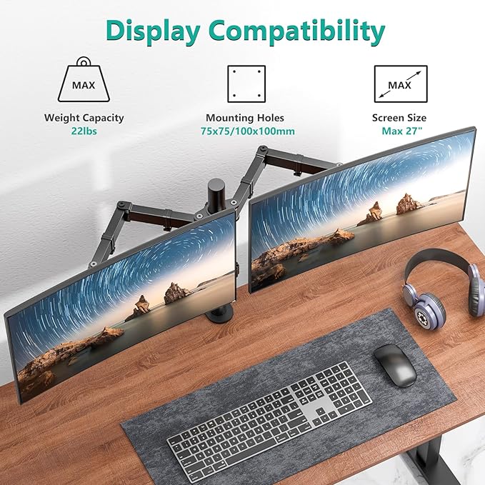 WALI Articulating Dual Monitor Stand for 13-27 inch Screens, 22 lbs per Arm | 2 Monitor Desk Mount, Full Motion with Tilt, Swivel, Rotation, C-Clamp & Grommet Base, VESA 75/100mm (M002), Black