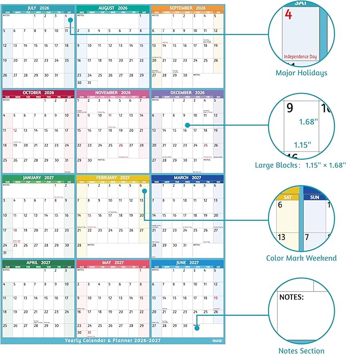 Yearly Wall Calendar 2026-2027 - Large Yearly Calendar Vertical, Jul 2026 - Jun 2027, 25.2" x 38.2" (Open), Calendar 2026-2027, Large Wall Calendar, Full Year Paper Calendar with Notes, Thicker Paper