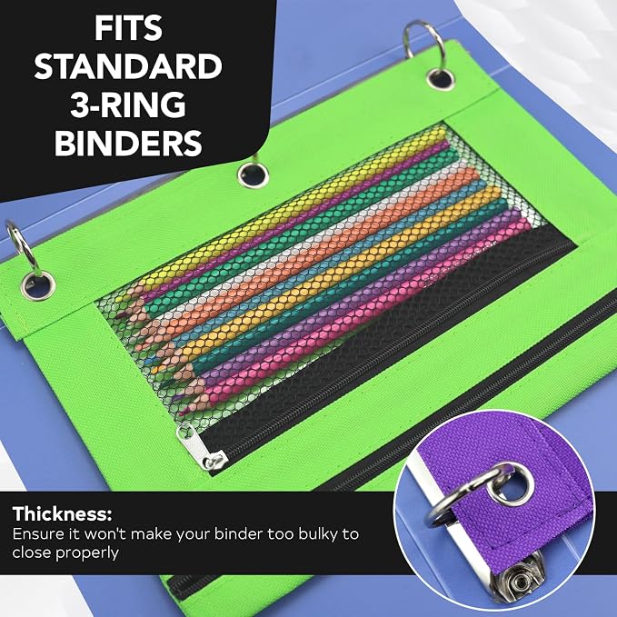 3 Ring Pencil Pouch for Binder, 2-Pocket Zipper Pencil Case with Clear Window & Mesh Pocket, 600D Oxford Fabric Binder Pouch for School Office Supplies, Fits Standard 3-Ring Binders, Green