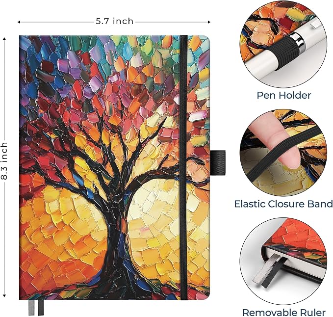 AHGXG Dotted Journal Notebook, 192 Pages, A5 Medium Size (5.7'' x 8.3'') | Leather Hardcover, 100 GSM Thick Paper, for Journaling, Planning, Tracking (Colourful Tree)