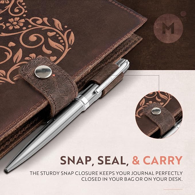 moonster Refillable Leather Journal Embossed Heart Shape Cover Design Journals with Pen – Milled A5 Leather Journal Lined Paper - Journals for Women – Vintage Journal - 320 Pages