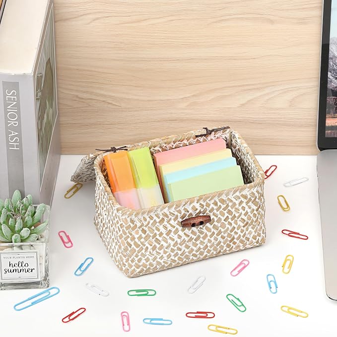 Small Wicker Basket with Lid, Decorative Box for Shelf | Rectangular Bin for Keys & Remotes, Multipurpose Shelf Storage, Durable Natural Seagrass, Whitewash, 6.1"x 4"x 3.3"