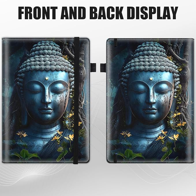 Hardcover Executive Notebooks, A5 PU Leather Lined Journal Notebook, 200 Pages Thick Paper Subject Notebooks for School,Work,Home Writing Business Notebook, Diary Book, Buddha Statue in Forest