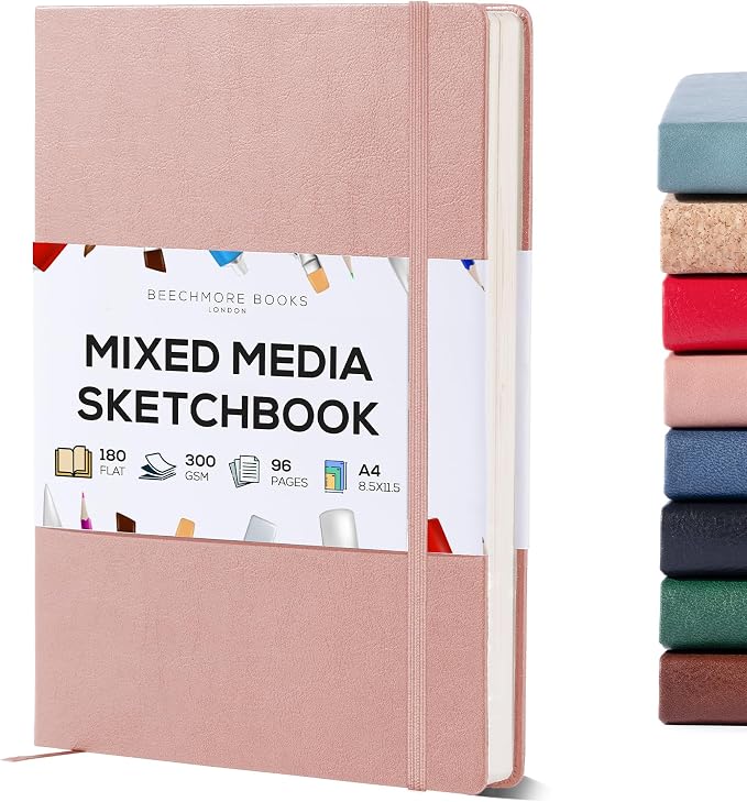 Beechmore Books Heavyweight Mixed Media Sketchbook - A4 8.5"x11" 300 GSM 48 Pages, Hardcover Lay-Flat Professional Journal for Painting, Acrylics and Wet Media