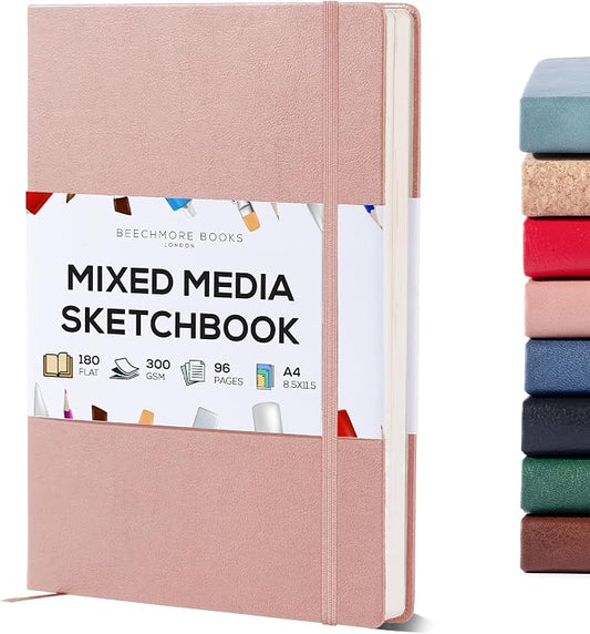 Beechmore Books Heavyweight Mixed Media Sketchbook - A4 8.5"x11" 300 GSM 48 Pages, Hardcover Lay-Flat Professional Journal for Painting, Acrylics and Wet Media