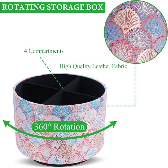 Round Leather Art Supply Organizer,Remote Control Holder,360-degree Rotating Pen Organizer with 4 Compartments(1-Peacock Pink)