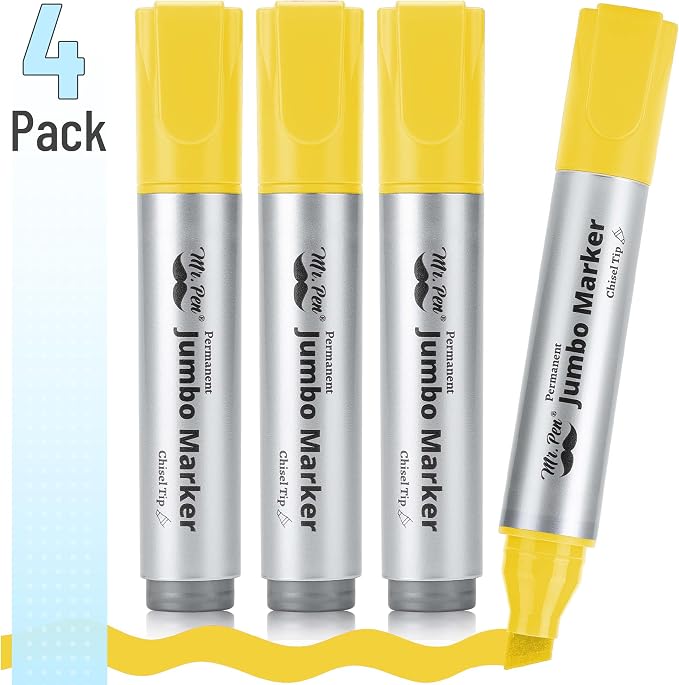 Mr. Pen- Jumbo Permanent Markers, 4 Pack, Yellow, Chisel Tip, Wide Tip | Large, Thick Permanent Markers for Canvas, Posters Board, Fabric, Window, Glass, Wood, Waterproof, Quick Dry