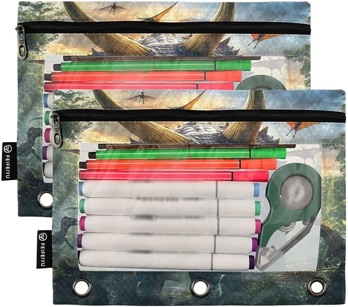 Triceratops Dinosaur Pencil Pouch for 3 Ring Binder 2 Pack Zipper Binder Pencil Bag with Clear Window Pencil Case for Office Supplies