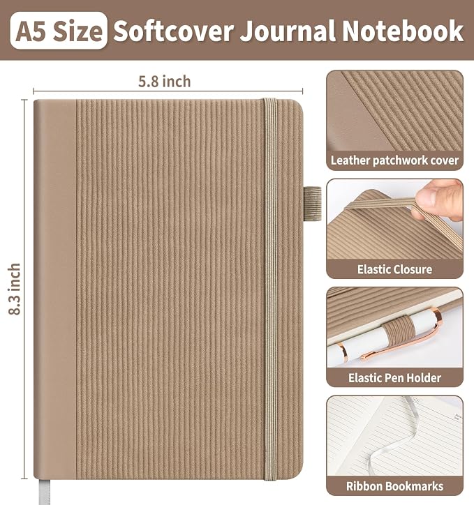 Lined Journal Notebook, A5 Vegan Leather College Ruled Notebook for Women Men, Daily Journaling Notebook 192 Pages for Work, School, Business, Travel, Note Taking(Khaki)