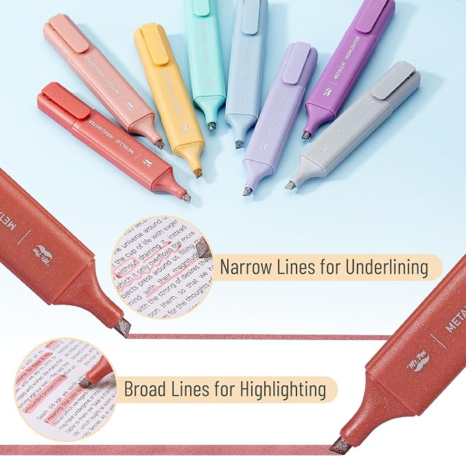 Mr. Pen- Glitter Highlighters, 8 Pack, Metallic Colors | Chisel Tip Highlighter Markers with Shimmer Finish, Smooth Writing Ink for Journaling, Note-Taking, Planning, School