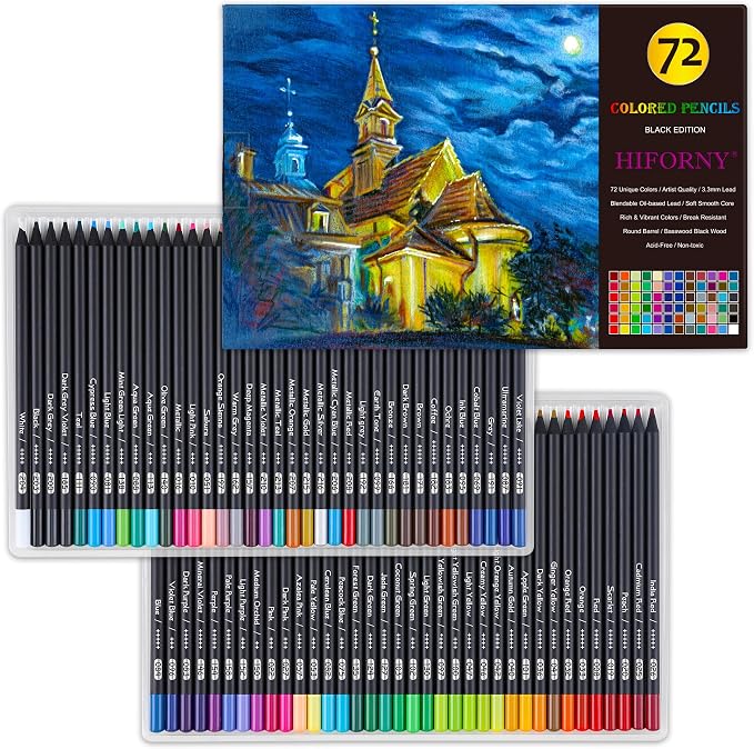 HIFORNY Premium Black Edition Colored Pencils for Adults Coloring – 72 Coloring Pencils with Smooth Pigments,Artists Soft Core,Drawing Pencils Art Supplies for Adults Beginners