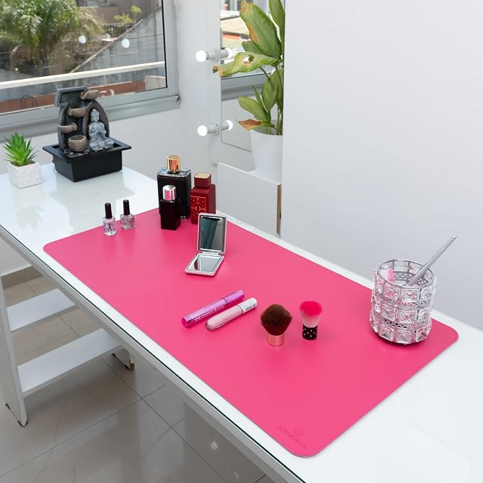 Desk Mat -Computer Desk mat with Non Slip Suede Bottom with Stitched Edges- Waterproof - Leather Desk pad PU Desk Cover for Home, Mouse, Makeup Mat for Vanity (Pink, 35.4 x 15.7)
