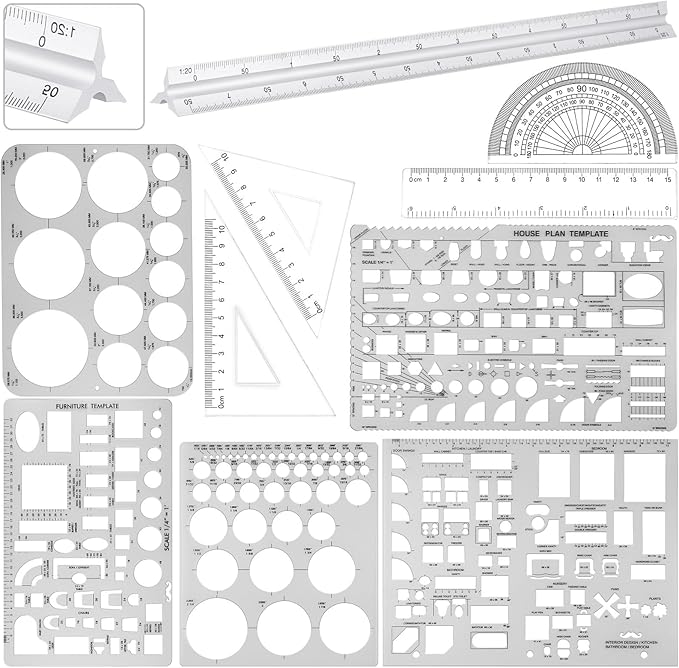 Zonon 10 Pcs Plastic Drawing Template Ruler Geometric Drawing 12 Inch Triangular Aluminum Architect Scale Measuring Templates Building Geometric Kit Plastic Ruler for Drafting (Classic,Clear)
