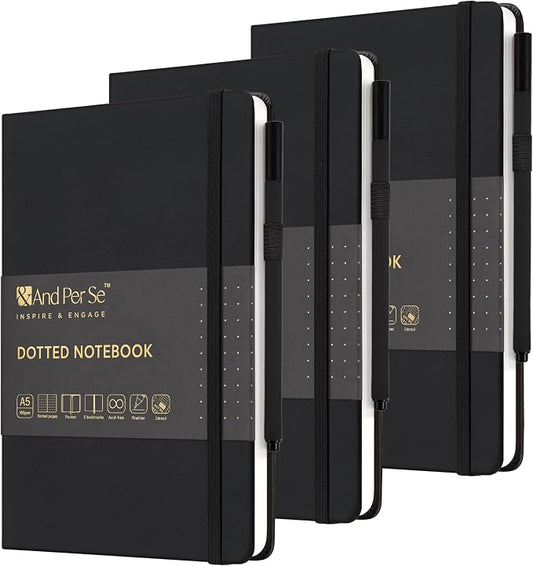 &And Per Se Dotted Journal Notebook 3 Pack, A5 Hardcover with Journal Dotted Pages, Stencils & Pens, 176 Numbered Pages Each for Students Teachers Office (Black)