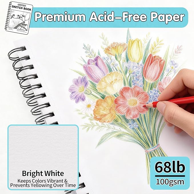 FIXSMITH 9"X12" Blue Sketch Book, 100 Sheets (68 lb/100gsm) Spiral Sketchbook, Acid Free Drawing Paper, Sketch Pad for Beginners,Artists & Professionals, Bright White