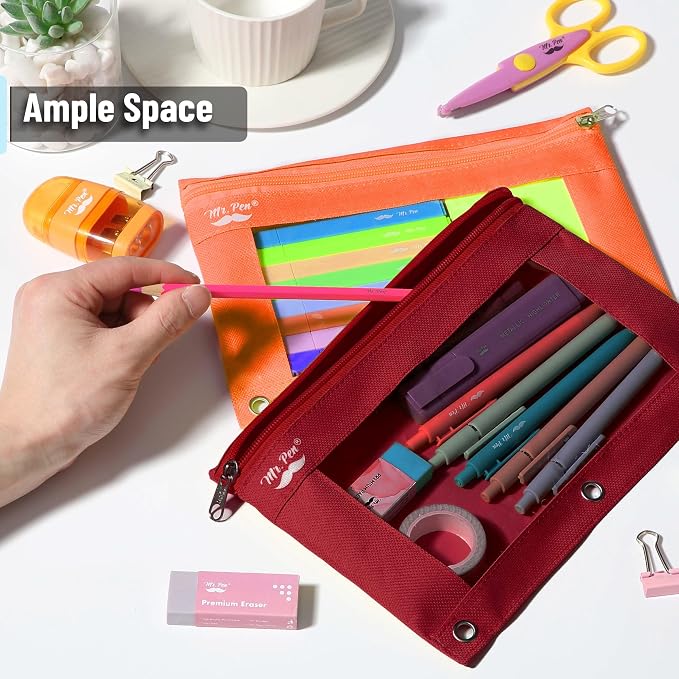 Mr. Pen- Pencil Pouch for 3 Ring Binder, 2 Pack, 10"x6.75", Smooth Zipper | Clear Window, Large Capacity Pencil Case with 3 Reinforced Grommets for School, Office, Supplies Storage | Clear Window, Large Capacity Pencil Case with 3 Reinforced Grommets f...