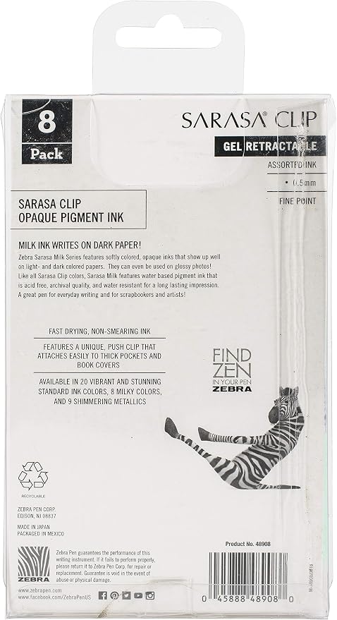 Zebra Pen SARASA Clip Retractable Gel Pen, Assorted Milk Color Ink, 8-Pack