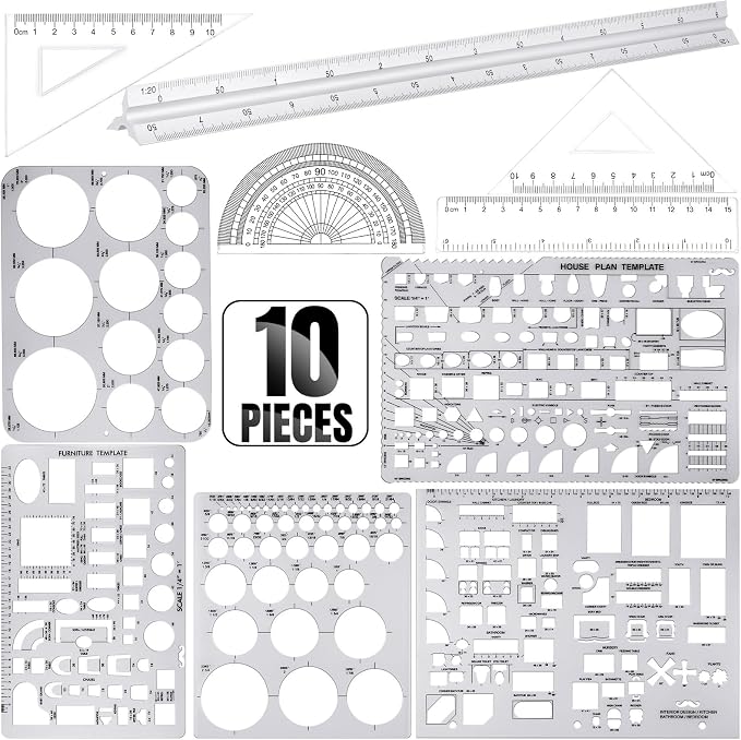 Zonon 10 Pcs Plastic Drawing Template Ruler Geometric Drawing 12 Inch Triangular Aluminum Architect Scale Measuring Templates Building Geometric Kit Plastic Ruler for Drafting (Classic,Clear)