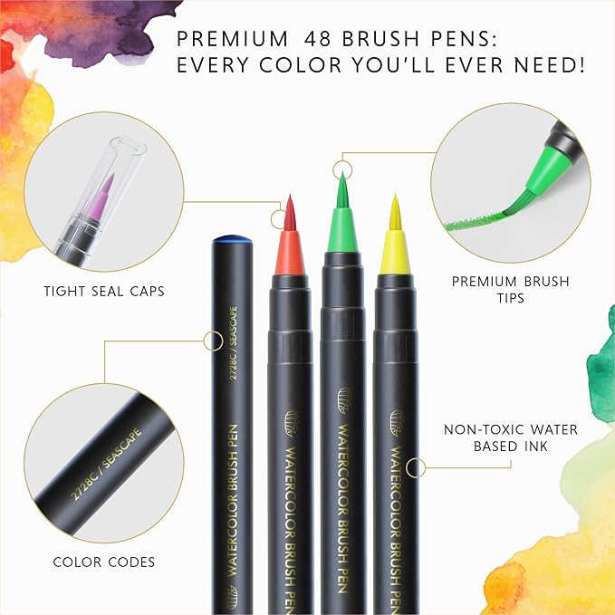 DOODLE HOG 48 Premium Watercolor Pens +2 Highly Blendable Watercolor Markers, Flexible Tip Brush Pens for Drawing and Illustration, Art Supplies for Adults, Gift Box