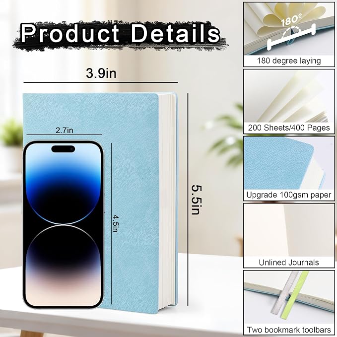 Thick Blank Journal Notebook 400Pages Sketch Book Blank Journal Unlined No Lines Soft Leather Cover A6 (3.9 × 5.5) Journal Leather Notepad Drawing Book Memo Writing Sketch Pad Diary Notebook