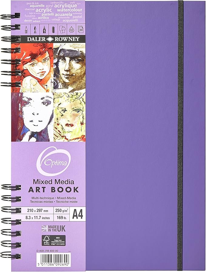 Daler Rowney Cachet Lightly Textured 250gsm A4 Mixed Media Portrait Hardback Artbook, Elastic Closure, Amethyst Cover, 30 Sheets, Ideal for Professional Artists & Students