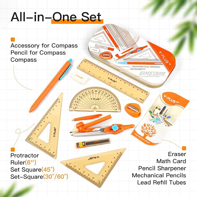 YPLUS Geometry Set, Protractor and Compass Set for Students, 12Pcs | Compass Drawing Tool with Metal Case, Rulers, Protractor, Mechanical Pen, Back to School Supplies for Students