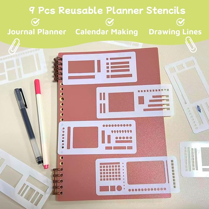 Flexible Record Template Set, 9 Pcs Reusable Planner Stencils Drafting Tools for Journal Planner, Calendar Making, Drawing Lines, Layout Tools for DIY Planning