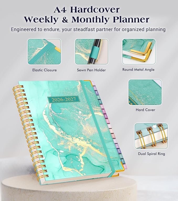 Academic Planner 2026-2027, 18 Months Weekly and Monthly Hardcover Planner, July 2026 - December 2027, 8.5" x 11" A4 Large Daily Calendar Planner Book with Tabs, Spiral College School Agenda Organizer for Student Teacher, Teal Marble