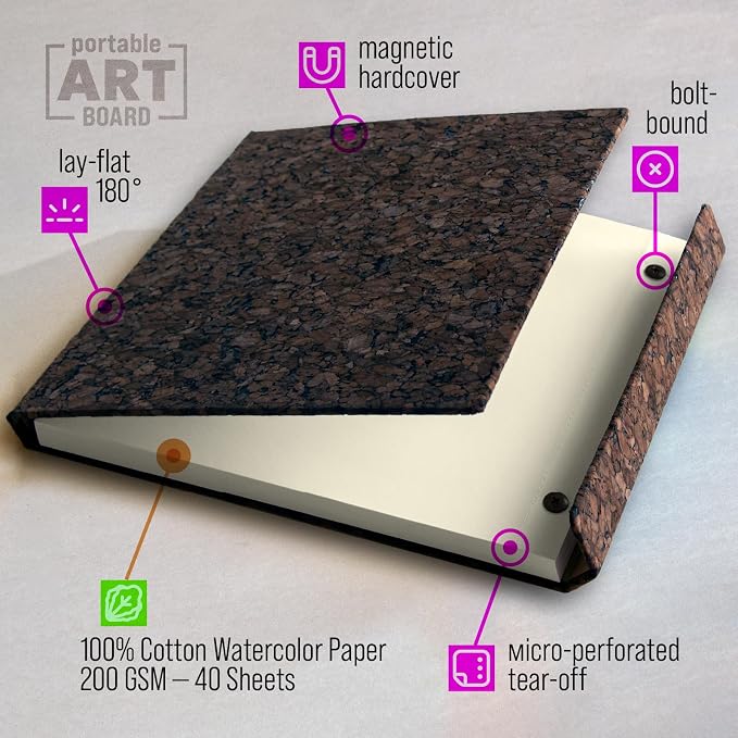 Cork Watercolor Pad Hardcover - 100% Cotton Paper 200GSM Cold Press - Magnetic Closure Watercolor Sketchbook, 40 Tear-Off Sheets, Lay-Flat - Artist Watercolor Paper Pad (Dark Cork, 9x12 inch (A4))