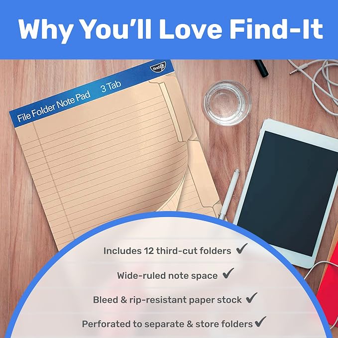 Find It File Folder Notepad - Pack of 12-9.5 x 12.5 Inch Notebook Organizer Folders for Filing, Document, and Clipboard Organization - Manila | Wide-ruled clipboard-style pages, tear-out perforated sheets, great for office, home, and school filing orga...