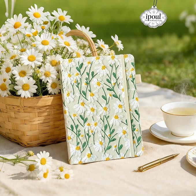 Daisy Gifts, Embroidered Journal, Floral Notebook, A5, 8"x6", Lined, Wide Ruled Paper, Hardcover, Lay Flat, Pretty Journal for Women, Personal Journal, White Daisy Flowers, with Elastic Band