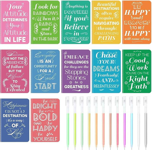 12 Pcs Mini Inspirational Notebooks Bulk with 12 Colorful Pens， 3.5"x5.5" | Small Pocket Journal Notepads Set, Motivational Bulk Gifts for Women Men Teacher Students Kids, End of School Year Gift Bulk