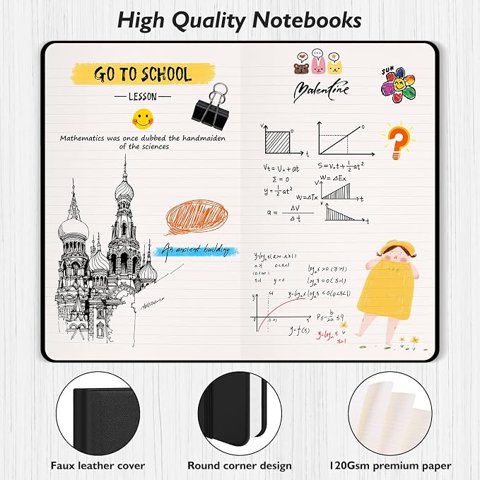 Huhuhero Lined Journal Notebooks for Work, College Ruled 5.25"×8.25", Black | Hardcover Notebooks for Women Men, 120Gsm Thick Ink-proof Paper for Note Taking Writing, Office School Supplies (1, Black)