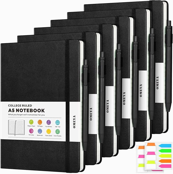 OMEYA A5 Hardcover Notebooks for Work: 6 Pack, 100gsm Paper, 160 Pages Each | College-Ruled Pages, 5.75" x 8.38", PU Leather Hardcover, 6 Pens, 2 Inner Pockets, 180° Lay-Flat, For Business, School