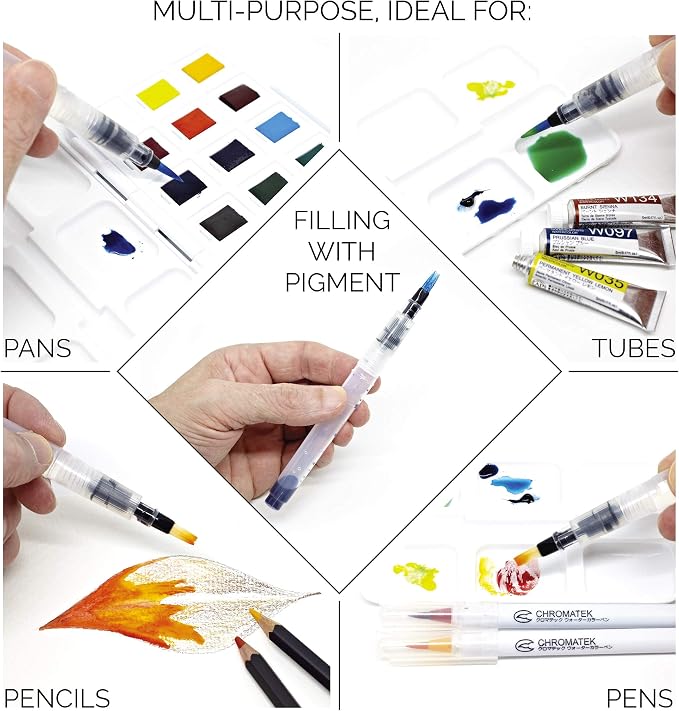 Chromatek AquaPens. Set of 6 Refillable Aqua Watercolor Brushes with Nylon Tips. Easy Water Brush Pens for Painting. Blending & Calligraphy. Includes Online Video Tutorials & Templates