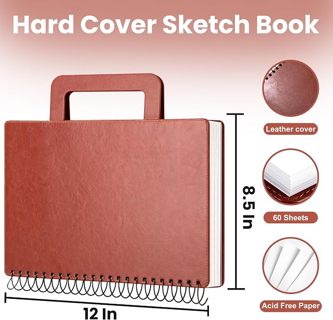 Large Sketchbook for Drawing 9"X 12" Portable Travel Spiral Bound Sketch Book with Pocket(98lb/160gsm) Hardcover Drawing Pad for Adults Watercolor Mixed Media Paper, 60 Sheets/120 Pages, Brown