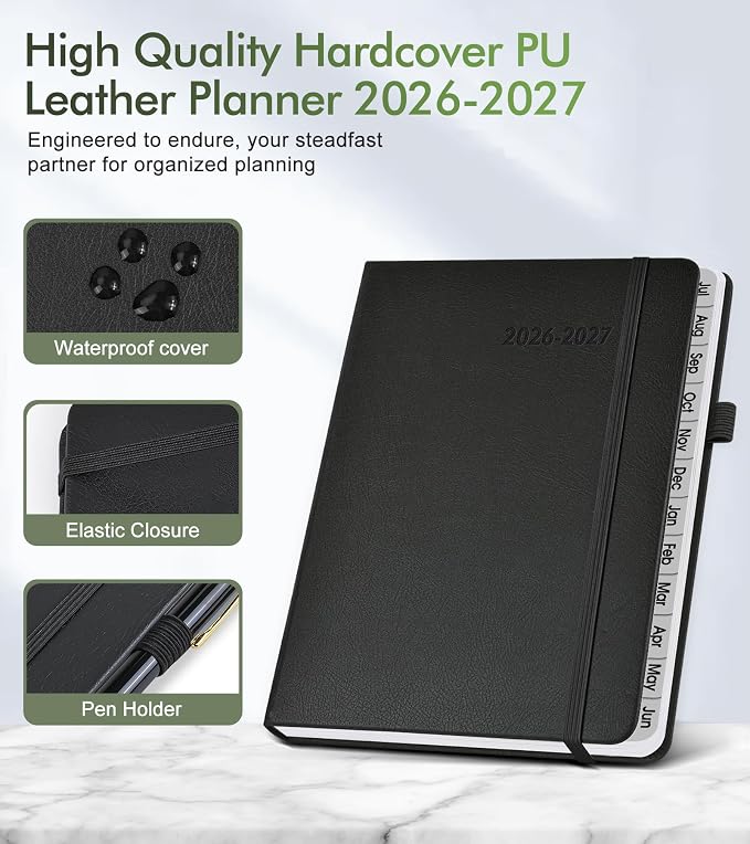 Planner 2026-2027, Academic Weekly and Monthly Calendar Planner from July 2026 - June 2027, Hardcover Leather Daily Agenda Book with Tabs, College School Organizer for Student Teacher, A5 (5.75" x 8.38"), Black