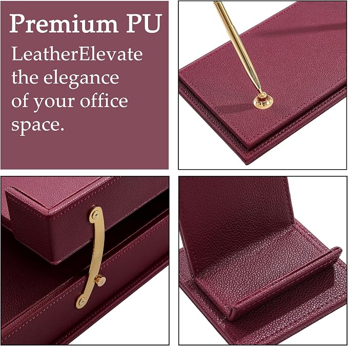 Leather Desk Set,13-Piece Desk Organizer Set, Executive Office Accessories with Desk Pad & Blotter, 2-Tier Tray, Pen Holder & More, Professional Office Desk Decor & Gift Set (Burgundy)