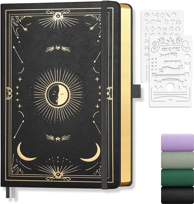 Dotted Journal Notebook for Women Men, 192 Pages, A5 (5.7'' x 8.3'') | Hardcover Leather Notebook with 100GSM Thick Paper for Traveling, Journaling, Planning, Tracking (Black)