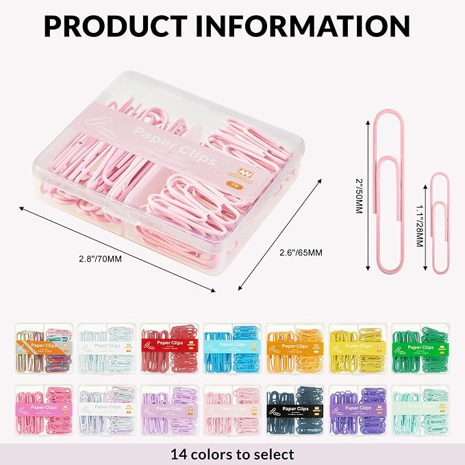NEEWAY Colorful Paper Clips Assorted Sizes, Small and Large Paper Clips, 70 Count (Light Pink)