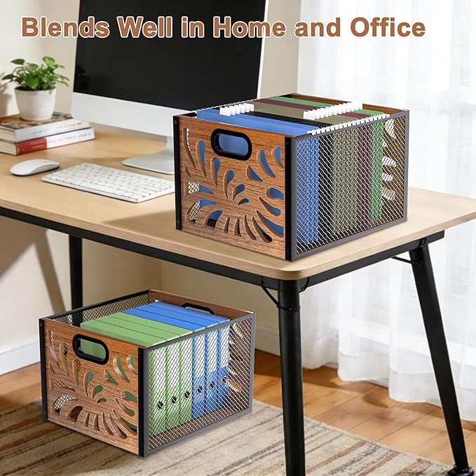 Wood File Box,Hanging File Organizer Box,Portable Files Storage Boxes,Decorative Filing Boxes Bin for Letter Size,Desktop Files Folder Organizer for Home Office School Desk Cabinet
