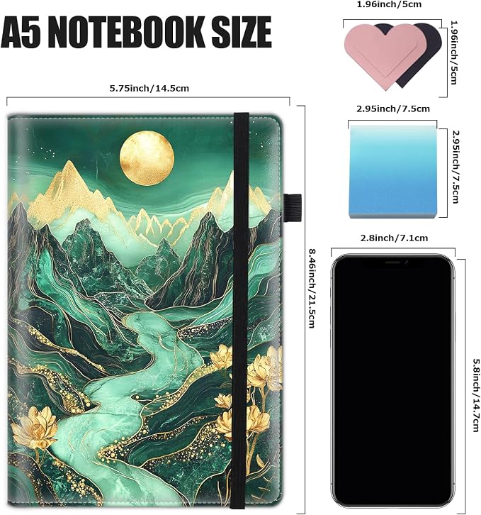 Hardcover Executive Notebooks, A5 PU Leather Lined Journal Notebook, 200 Pages Thick Paper Subject Notebooks for School,Work,Home Writing Business Notebook, Diary Book ，Green Mountain Landscape