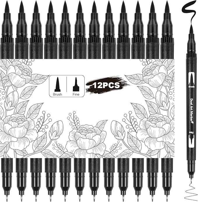 12 Pack Black Drawing Pens Felt Tip Brush Pen Fineliner Ink Pens Dual Tip Brushes Fineliners Pen Waterproof Calligraphy Marker for Art Drawing Watercolor Sketching Anime Beginners Scrapbooking