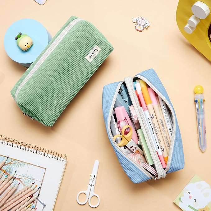 KALIDI Large Pencil Case Corduroy Pencil Pouch Box Cute School Supplies for Teen Girls Boys, Blue
