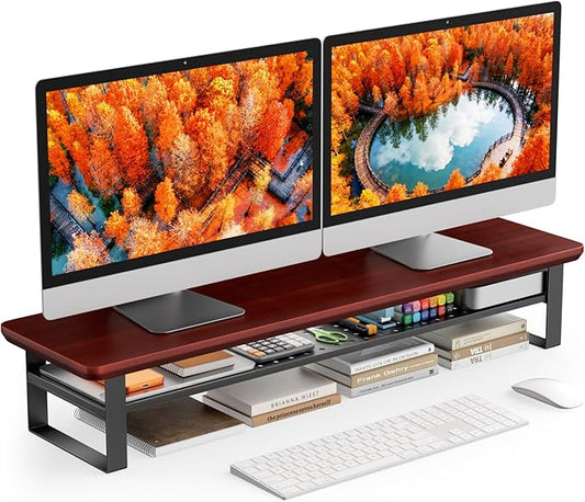 Dual Monitor Stand, 35.4 Inch Monitor Stand Riser for 2 Monitors, 2 Tiers Wood Desk Shelf with Storage, Desktop Organizer Stand for Computer, Laptop, Printer, TV