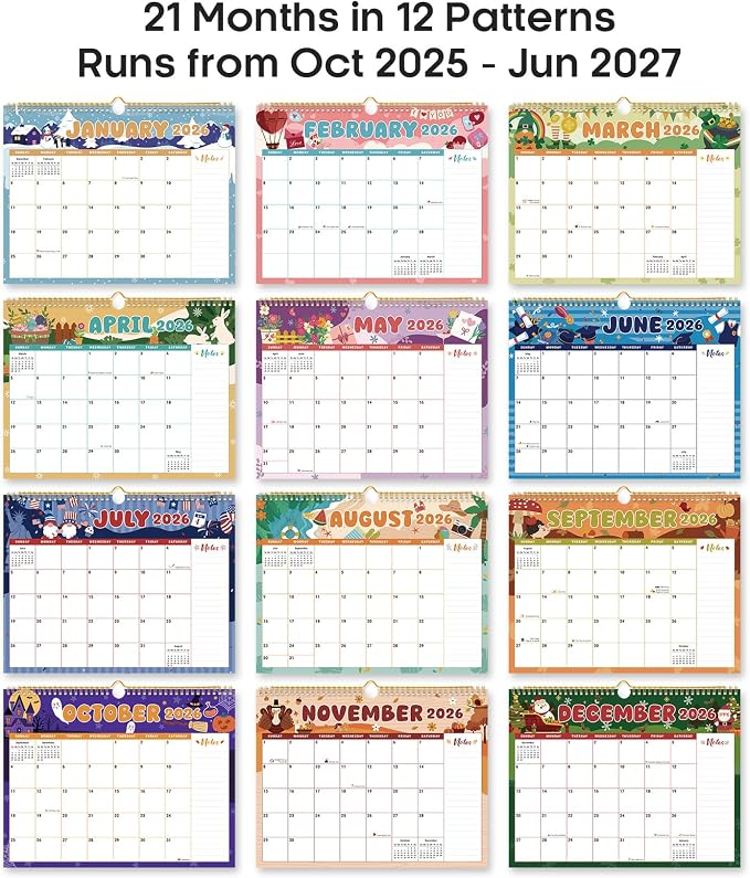 Calendar 2026-2027, 21-Month Wall Calendar Runs Until Jun 2027, 11.5" x 14.7",Large Monthly Calendar with Twin-Wire Binding, Perfect for Home or Office -Watercolor Festival