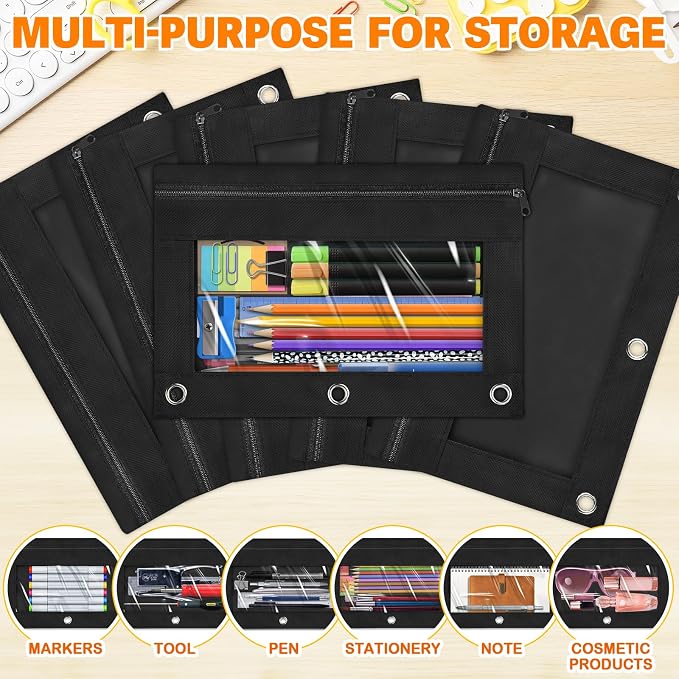 Pencil Pouch for 3 Ring Binder, 100 Packs Zipper Pencil Pouch Bulk in Black Colors, Pencil Case for Binder with Clear Window for School, Home and Office