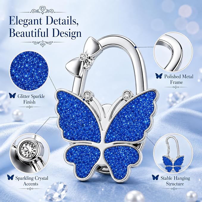 Purse Hook for Table, Foldable Handbag Hanger for Women, Portable Bag Holder with Non-Slip Base, Cute Matte Blue Butterfly Purse Table Hook for Restaurant Office Travel Gift
