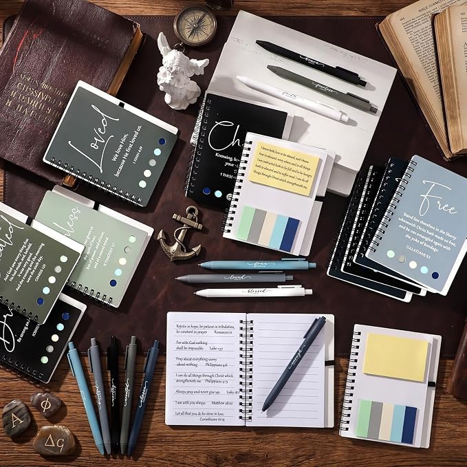 Kosiz 24 Sets/48 Pcs Christian Gifts Bulk Prayer Journal Scripture Notebook, Bible Pen(Simple, Dark Color)